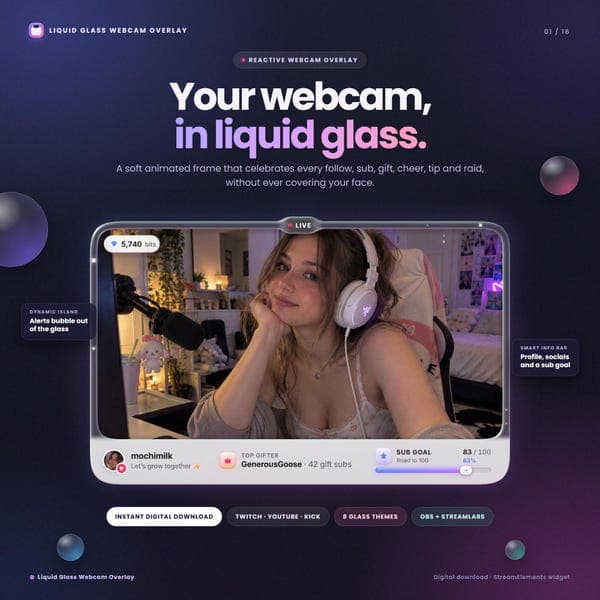 Liquid Glass Webcam Overlay for StreamElements, Twitch YouTube Kick Facecam Frame, OBS Streamlabs, Animated Alerts, One-Click Install thumbnail