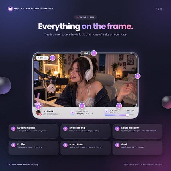 Liquid Glass Webcam Overlay for StreamElements, Twitch YouTube Kick Facecam Frame, OBS Streamlabs, Animated Alerts, One-Click Install - photo 6