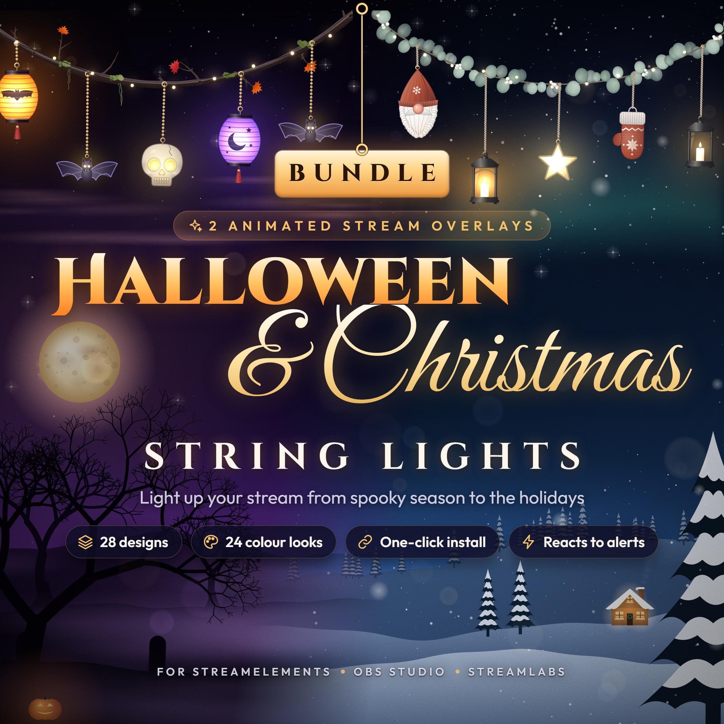 Christmas Twitch, Kick, YouTube Overlay, Animated String Lights Stream Decoration, StreamElements Widget for OBS & Streamlabs, Cozy Gnomes thumbnail