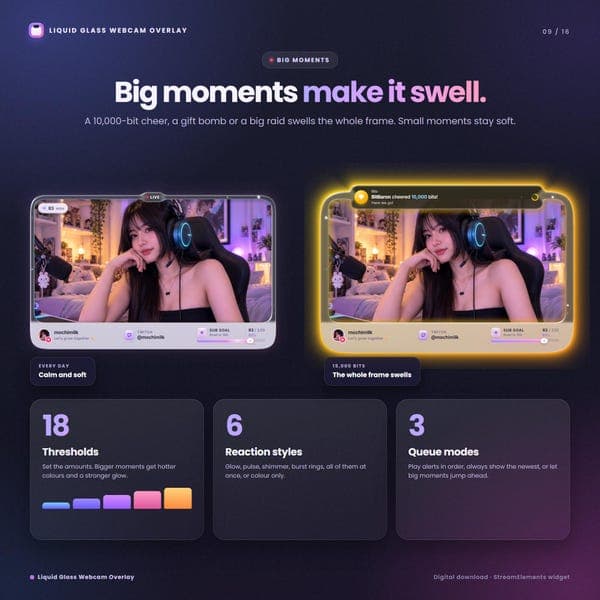 Liquid Glass Webcam Overlay for StreamElements, Twitch YouTube Kick Facecam Frame, OBS Streamlabs, Animated Alerts, One-Click Install - photo 5