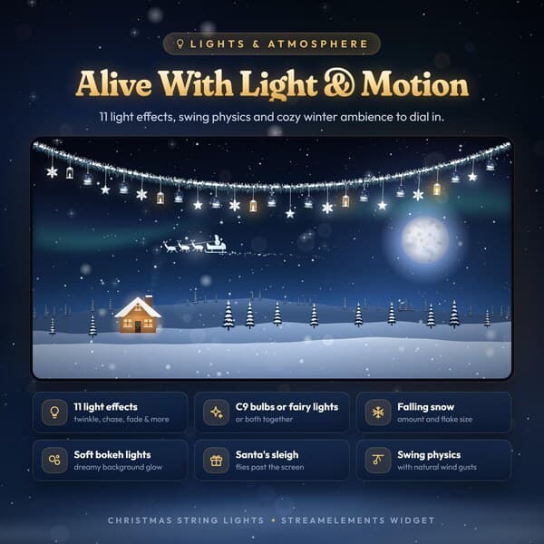 Christmas String Lights Twitch, Kick, YouTube Overlay, Animated String Lights Stream Decoration, StreamElements Widget for OBS & Streamlabs - photo 3