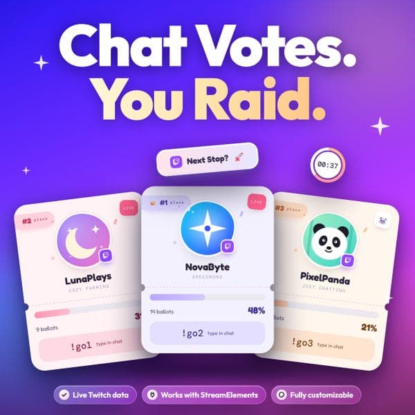 StreamElements Twitch Widget | Raid Vote Overlay | Chat Poll with Countdown and Winner Banner | OBS Stream Overlay | 5 Themes - photo 4