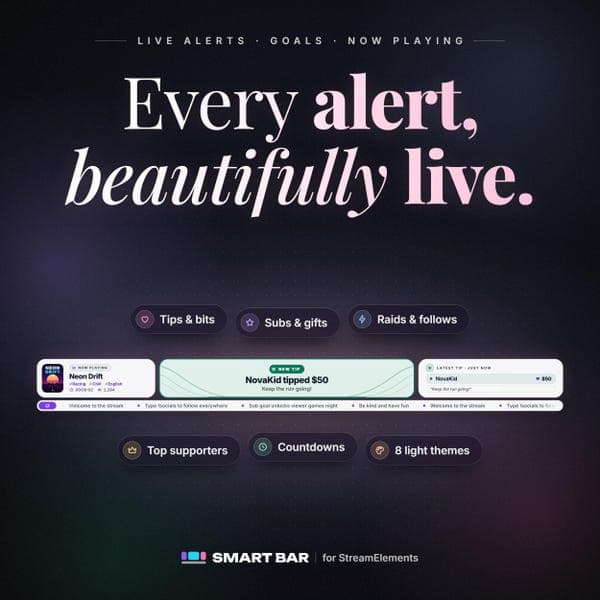Smart Stream Overlay Bar | StreamElements Widget | Alerts, Goals, Now Playing, Ticker | 24 Themes | Twitch YouTube Kick OBS Download - photo 2