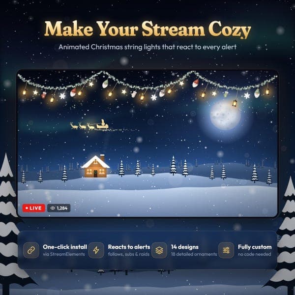 Christmas String Lights Twitch, Kick, YouTube Overlay, Animated String Lights Stream Decoration, StreamElements Widget for OBS & Streamlabs - photo 10