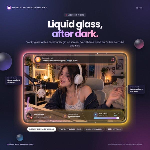 Liquid Glass Webcam Overlay for StreamElements, Twitch YouTube Kick Facecam Frame, OBS Streamlabs, Animated Alerts, One-Click Install - photo 3