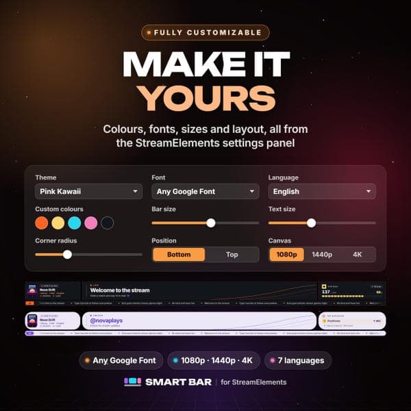 Smart Stream Overlay Bar | StreamElements Widget | Alerts, Goals, Now Playing, Ticker | 24 Themes | Twitch YouTube Kick OBS Download - photo 4
