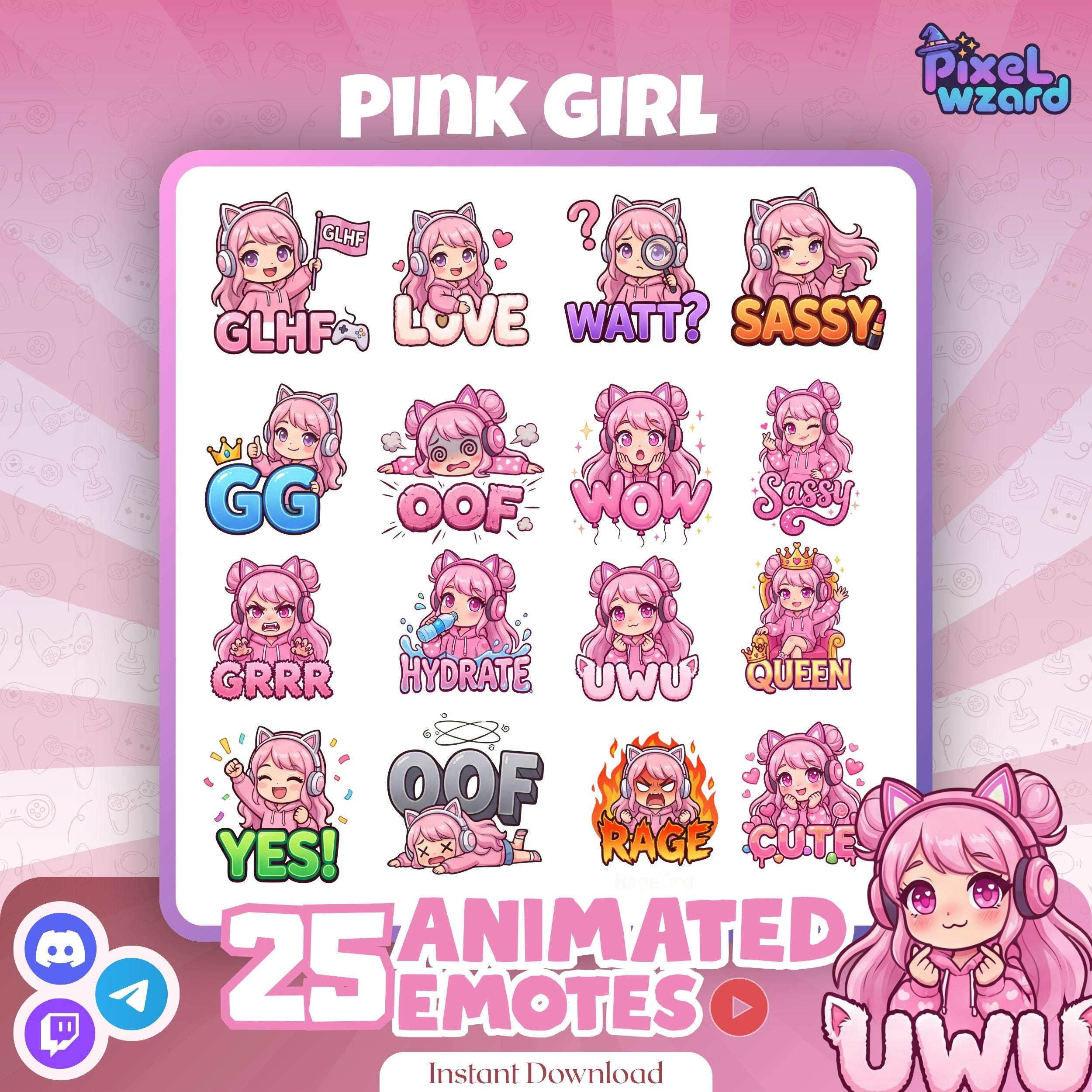 25 Animated Pink Gamer Girl Emotes V3 | Kawaii Anime Streamer Graphics (Digital Download) - photo 4