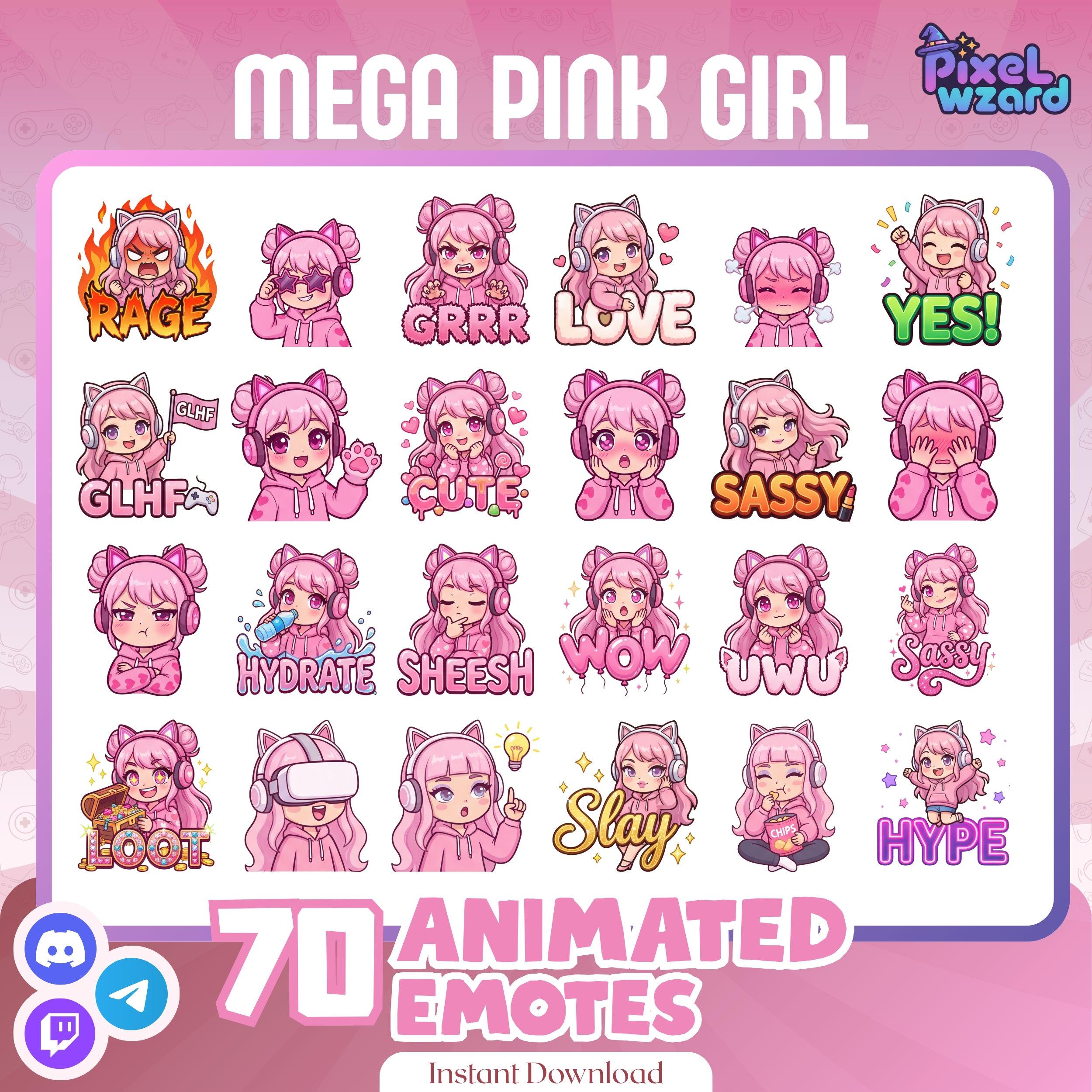 70 Animated Pink Chibi Emotes Bundle | Kawaii Gamer Girl Twitch Discord Pack (Digital Download) - photo 2
