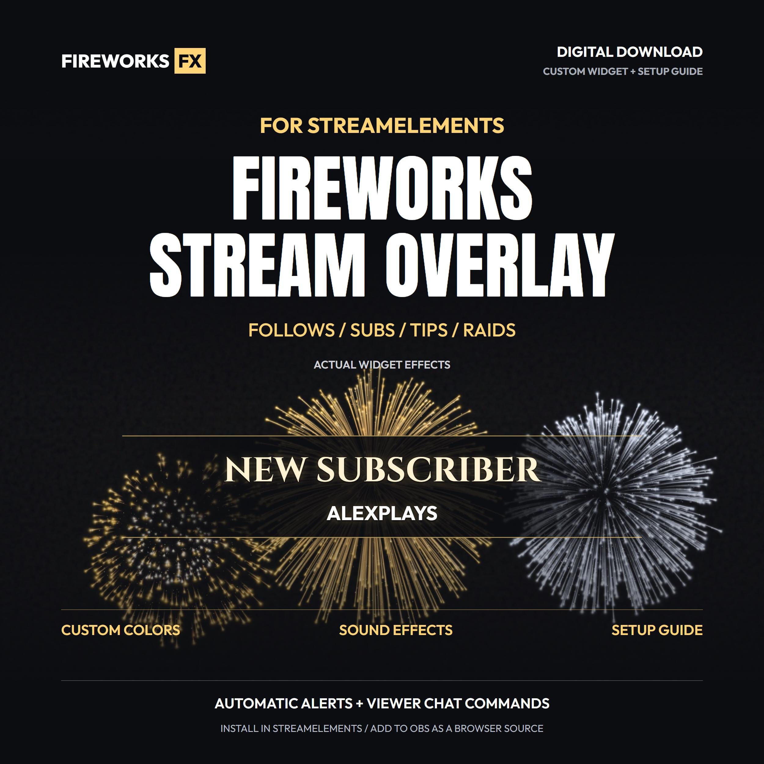 Fireworks Overlay for Twitch & YouTube | StreamElements Fireworks Alerts, Chat Commands, Sound FX | OBS Stream Overlay | Instant Download - photo 6