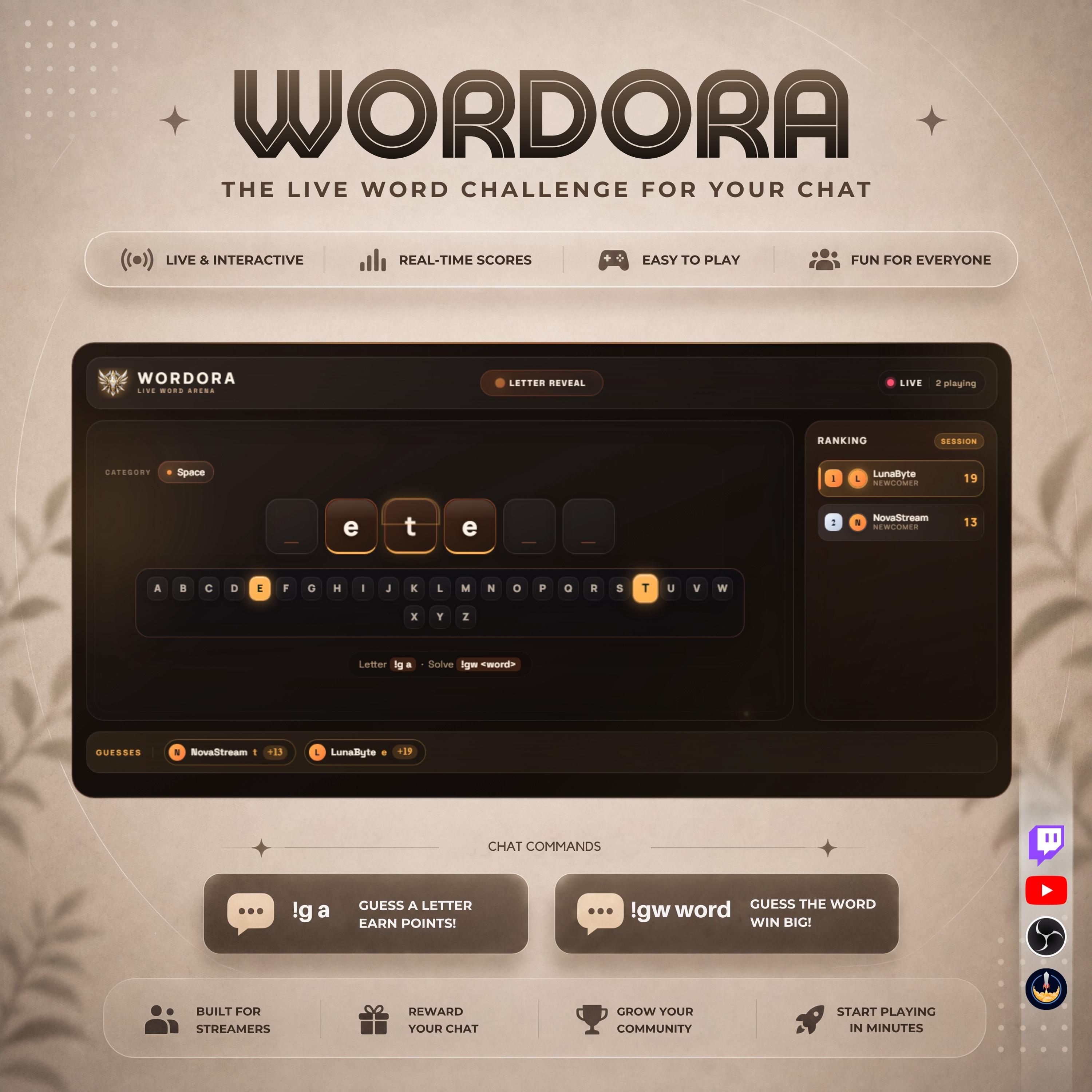 Interactive Twitch Game Overlay, Word Puzzle Chat Game Widget for StreamElements, OBS Stream Asset, VTuber Minigame, Twitch Tools