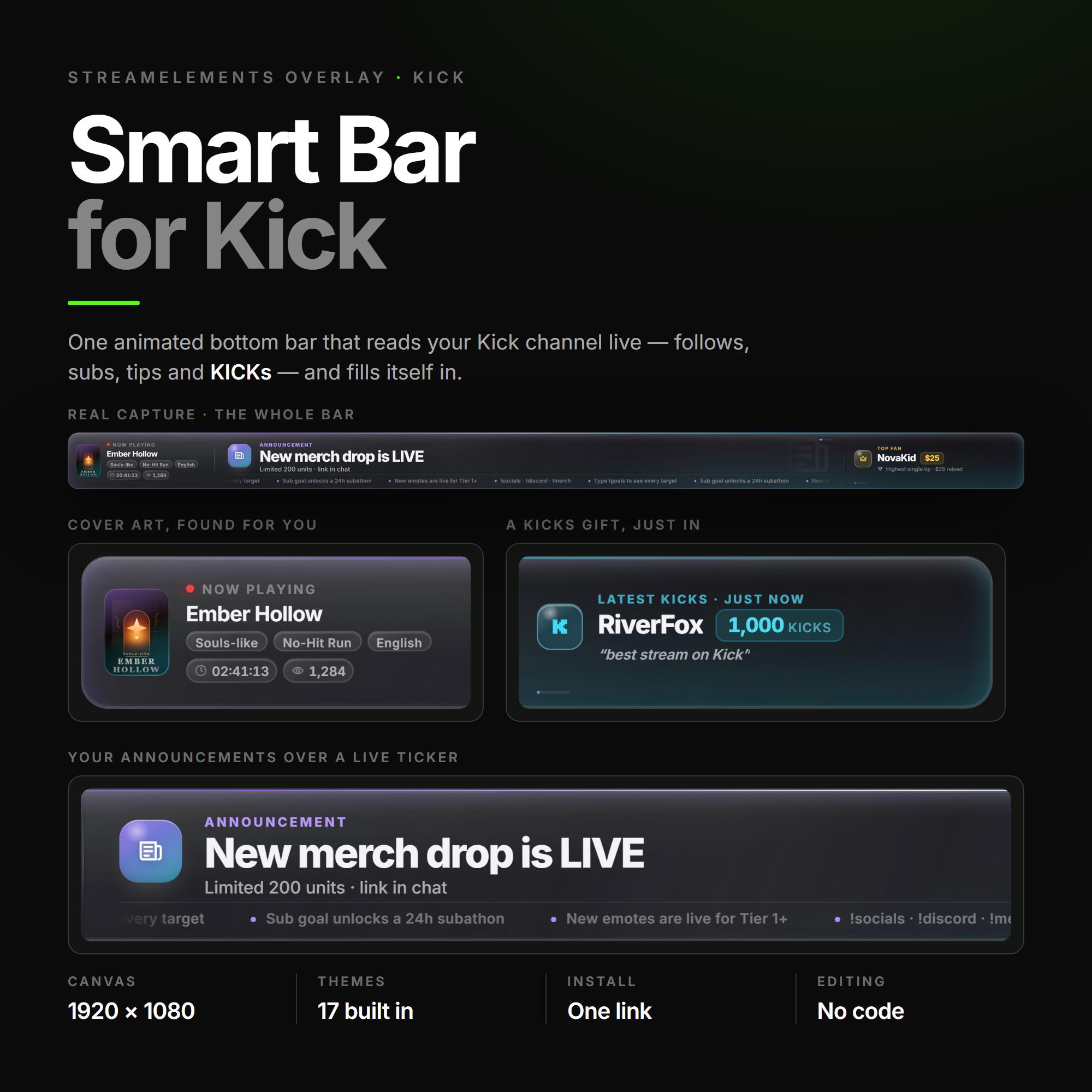 KICK  Stream Bar with Now Playing Music, Goal Tracker, Alerts , OBS streamlabs , Stream SmartBar StreamElements Overlay Widget - photo 4