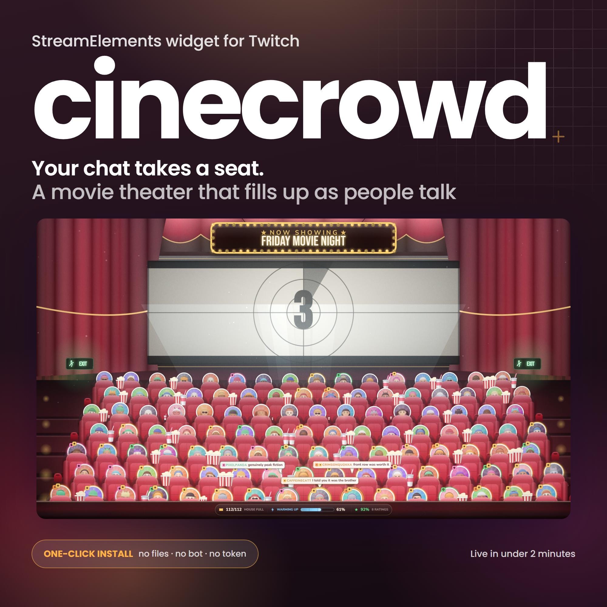 Movie Theater Twitch Chat Overlay | Animated Cinema Audience Widget for OBS & StreamElements | Watch Party Stream Overlay - photo 4