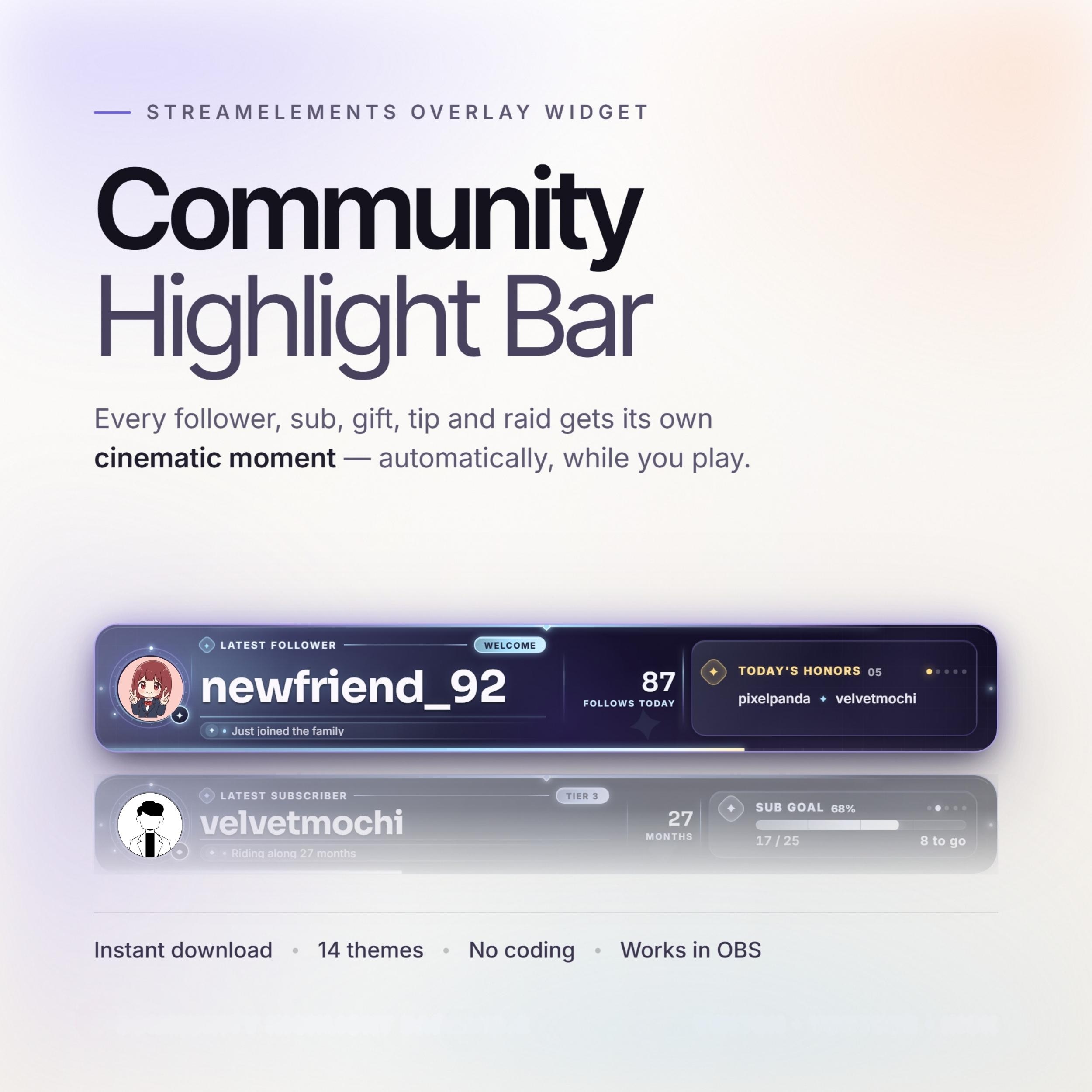 smart Twitch Community Overlay Bar for StreamElements, Animated Follower Sub Gift Bits Alerts, Community Goals, 14 Themes, OBS Ready - photo 5