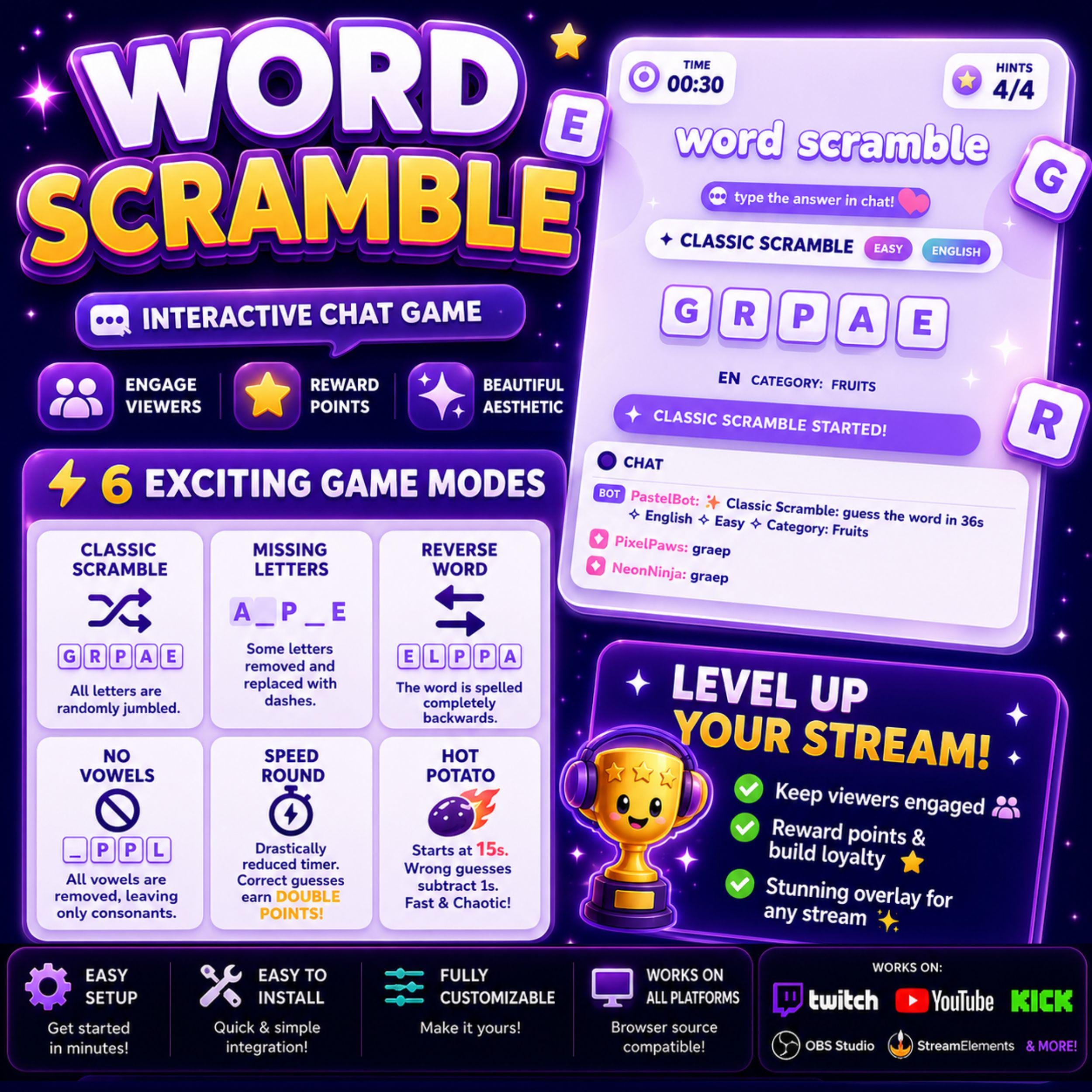 Word Game Scramble Overlay - Interactive Chat Game Widget for Streamers & VTubers | OBS | Twitch YouTube | stream background | StreamElement - photo 7