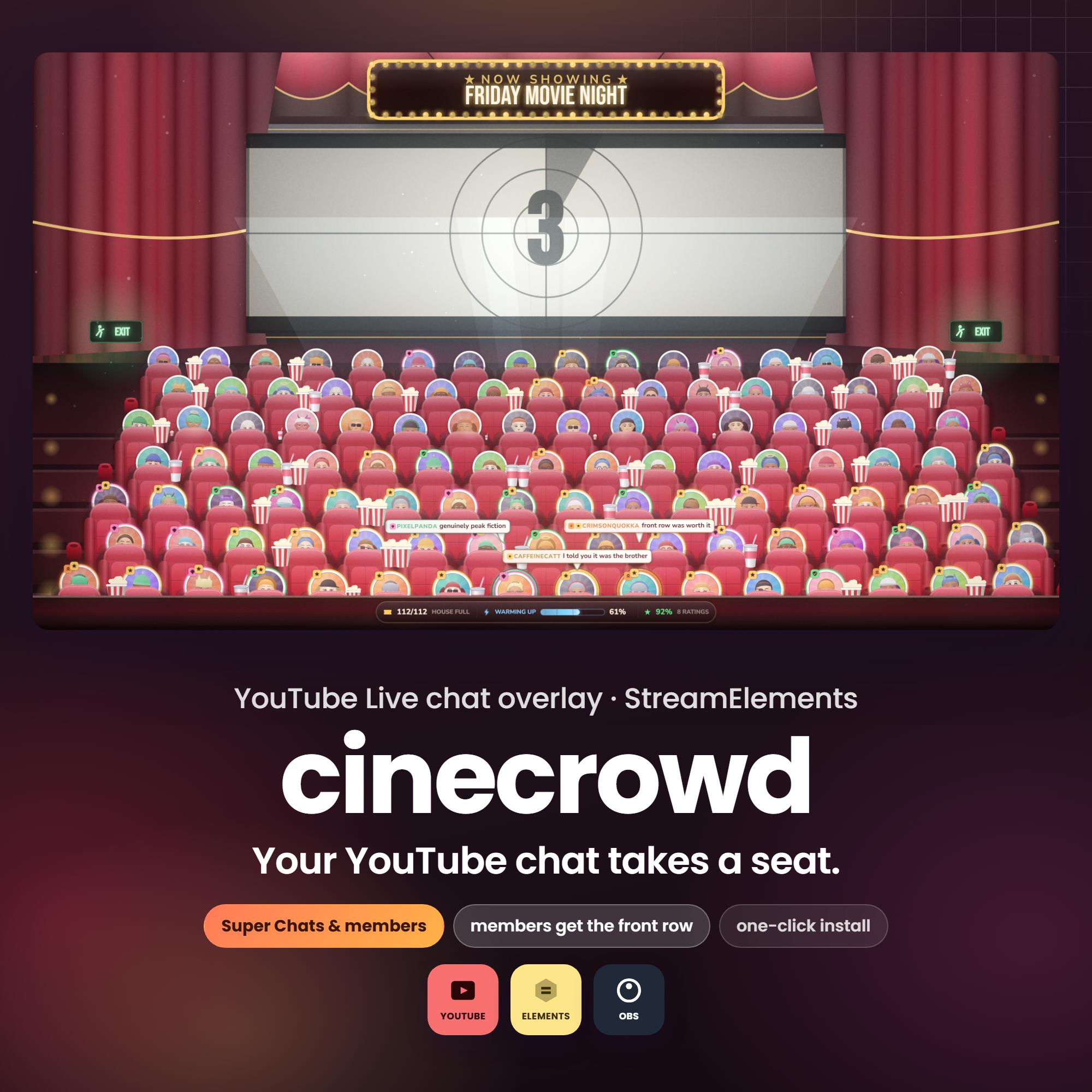 YouTube Live Chat Overlay, Animated Movie Theater Audience for OBS, StreamElements, Super Chat & Member Alerts, Instant Download - photo 2