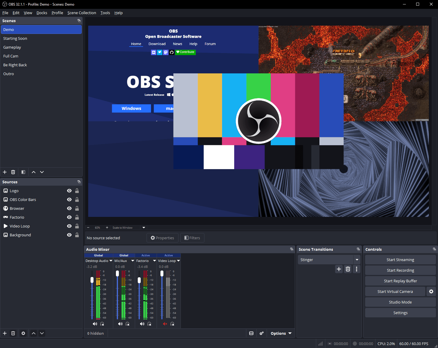 OBS Studio interface showing scenes, browser sources, audio mixer, and streaming controls